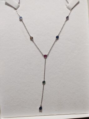 Multi-Stone Silver Lariat Necklace - Pink, Blue, Green